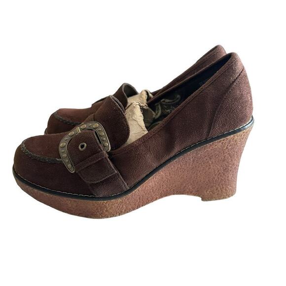 Vintage Lower‎ East Side Suede Wedge Women's 6.5 Brown Y2K Buckle Boho Chunky - Picture 3 of 8
